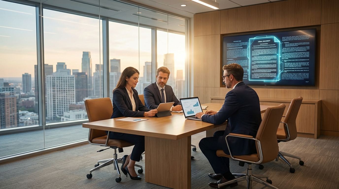 Modern boutique law firm conference room with laptop showing a generic security update dialog for urgent Adobe PDF patch