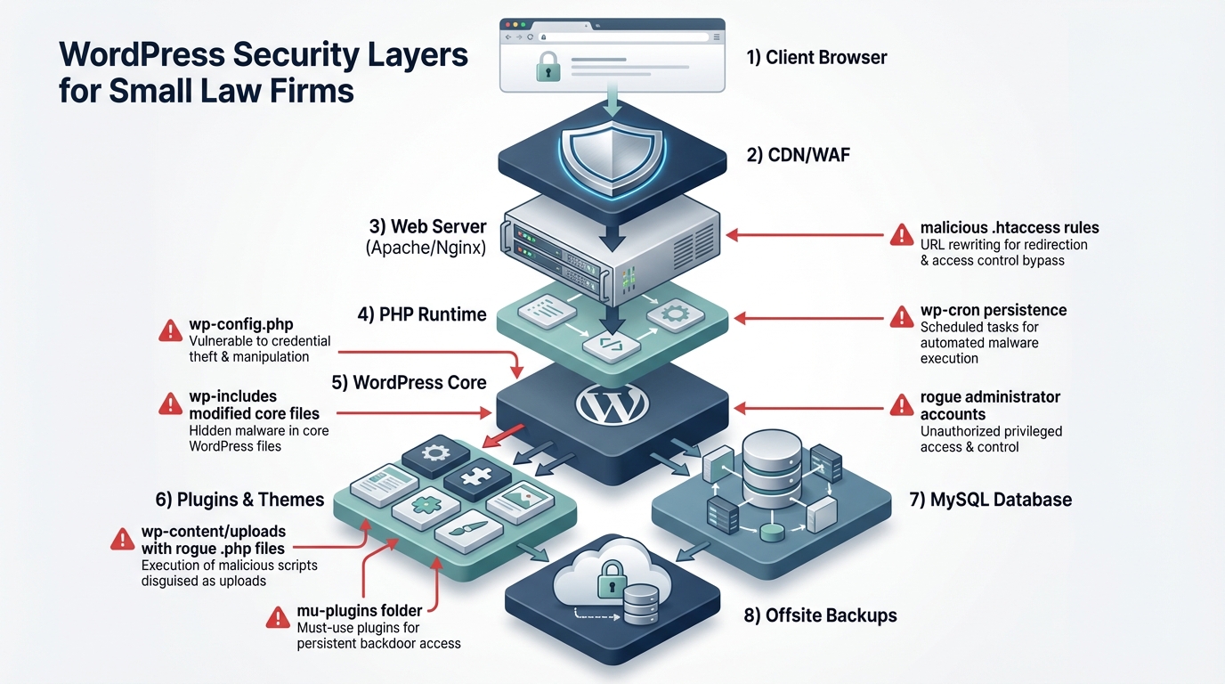 WordPress security layers diagram for small law firm websites