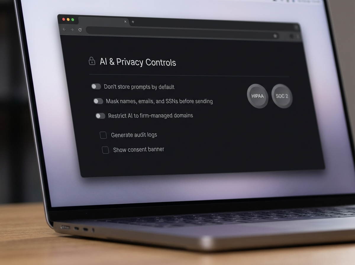 Example admin-style privacy controls concept for managing AI usage with toggles for masking PII, audit logs, and firm domain restrictions