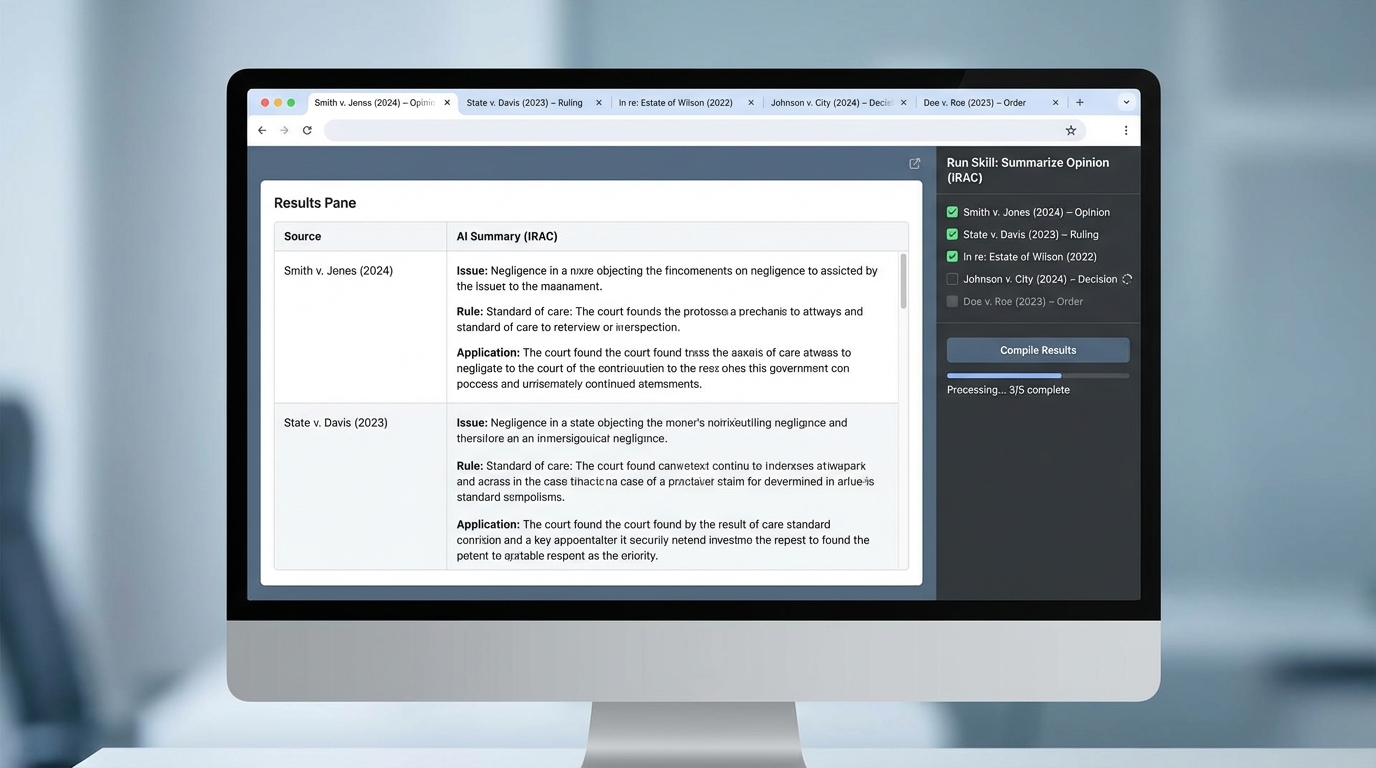 Running an IRAC summary Skill across multiple Chrome tabs with progress indicators and a consolidated results pane