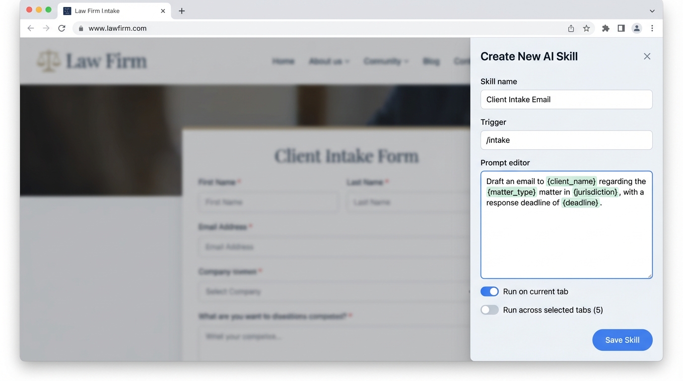 Creating a new AI Skill in the Chrome Gemini panel with fields for name, slash trigger, and variable-aware prompt for client intake emails