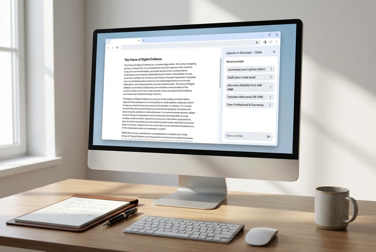 Chrome Gemini side panel showing saved AI Skills tailored for legal tasks like IRAC summaries and client intake emails