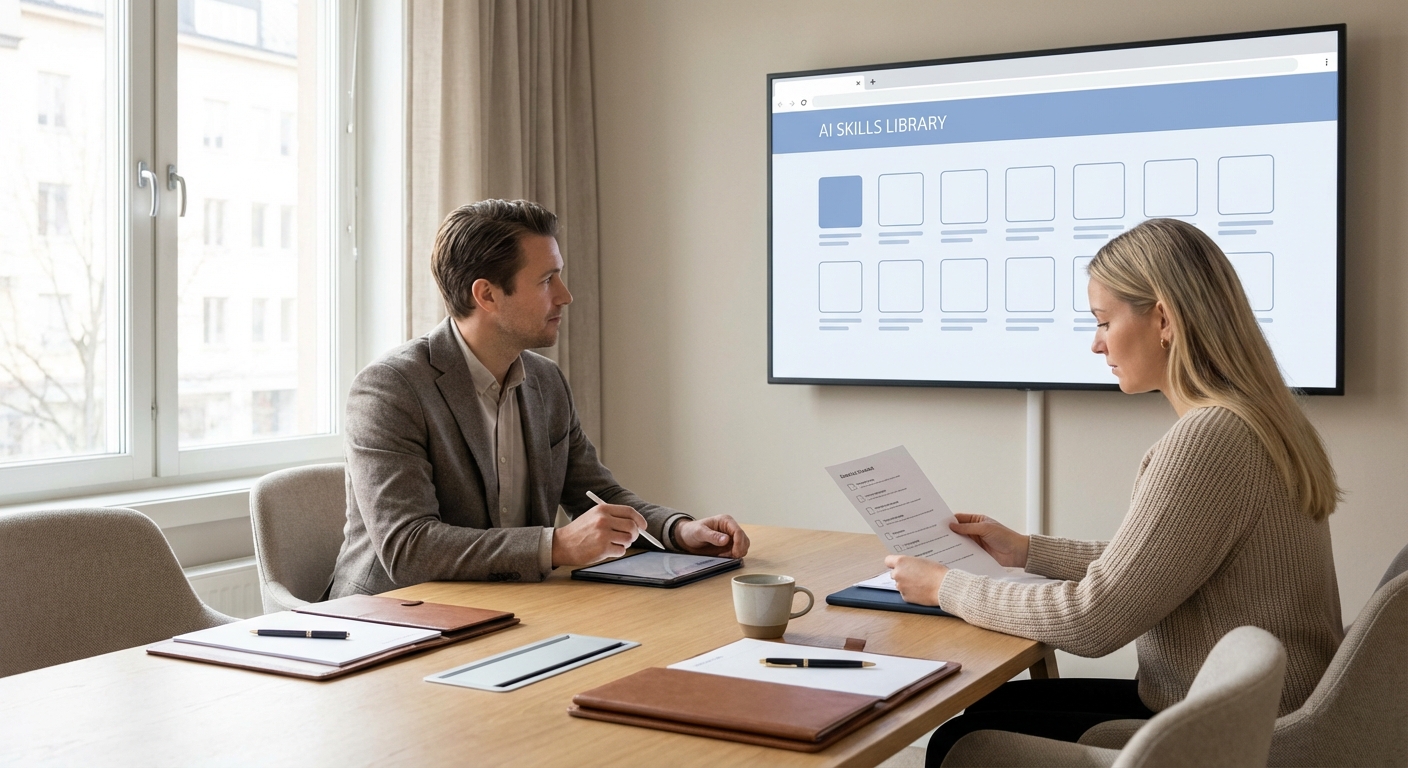 Two professionals reviewing a Chrome AI Skills library in a conference room
