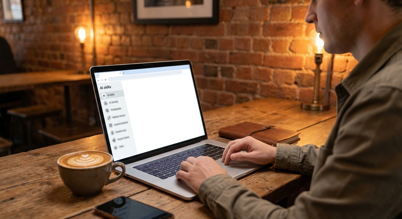Small business owner refining an AI Skill library from a cafe in Chrome