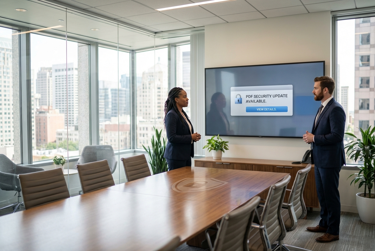 Law firm conference room reviewing PDF security update dialog on screen, illustrating urgent Adobe Acrobat/Reader zero-day patch