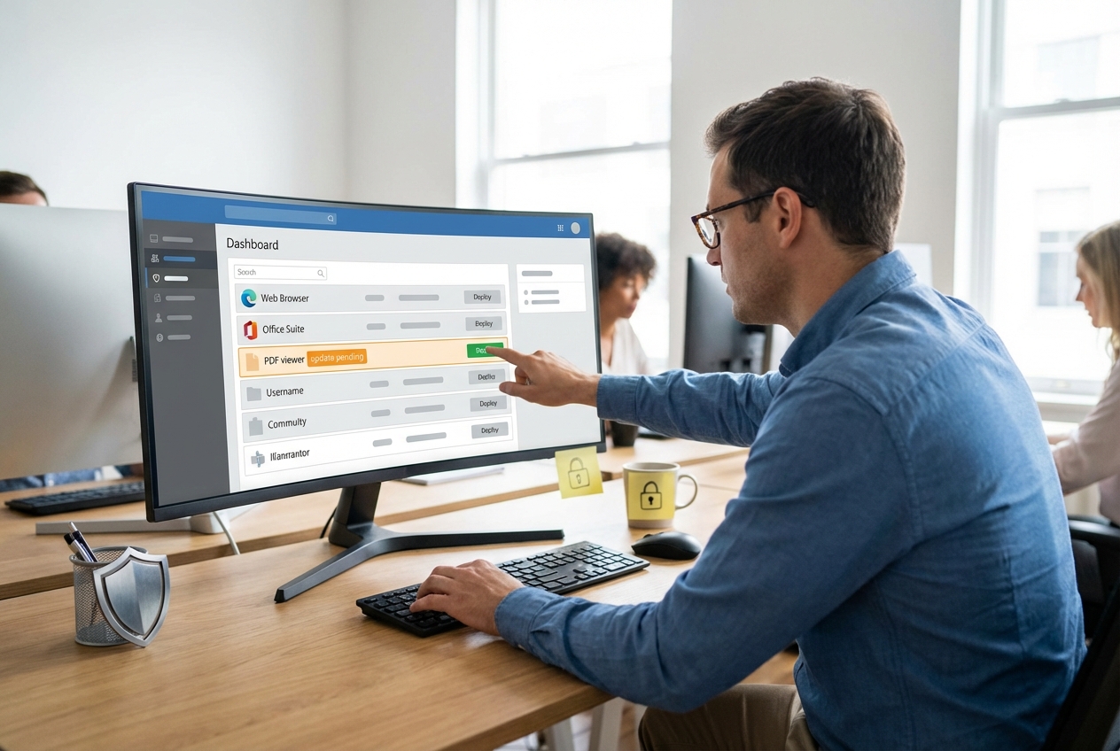 IT operations manager deploying software updates from an endpoint management console with a PDF viewer update highlighted
