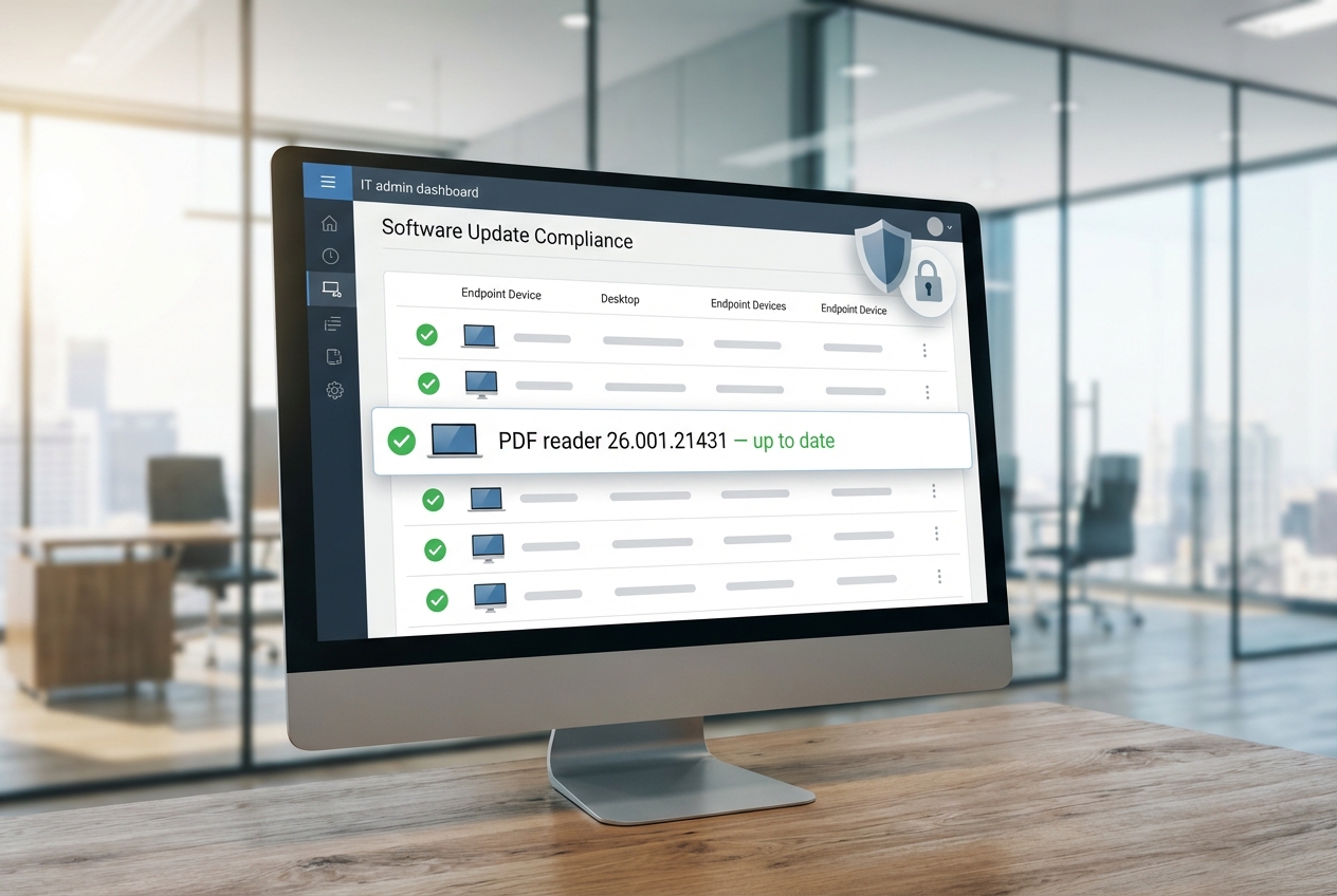 Compliance dashboard illustration showing all endpoints updated to the secure PDF reader version across a boutique law firm