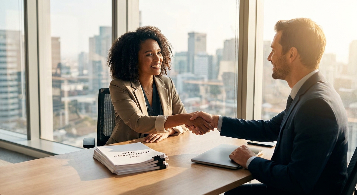 Small business owner and attorney finalizing a financial risk management plan with a handshake