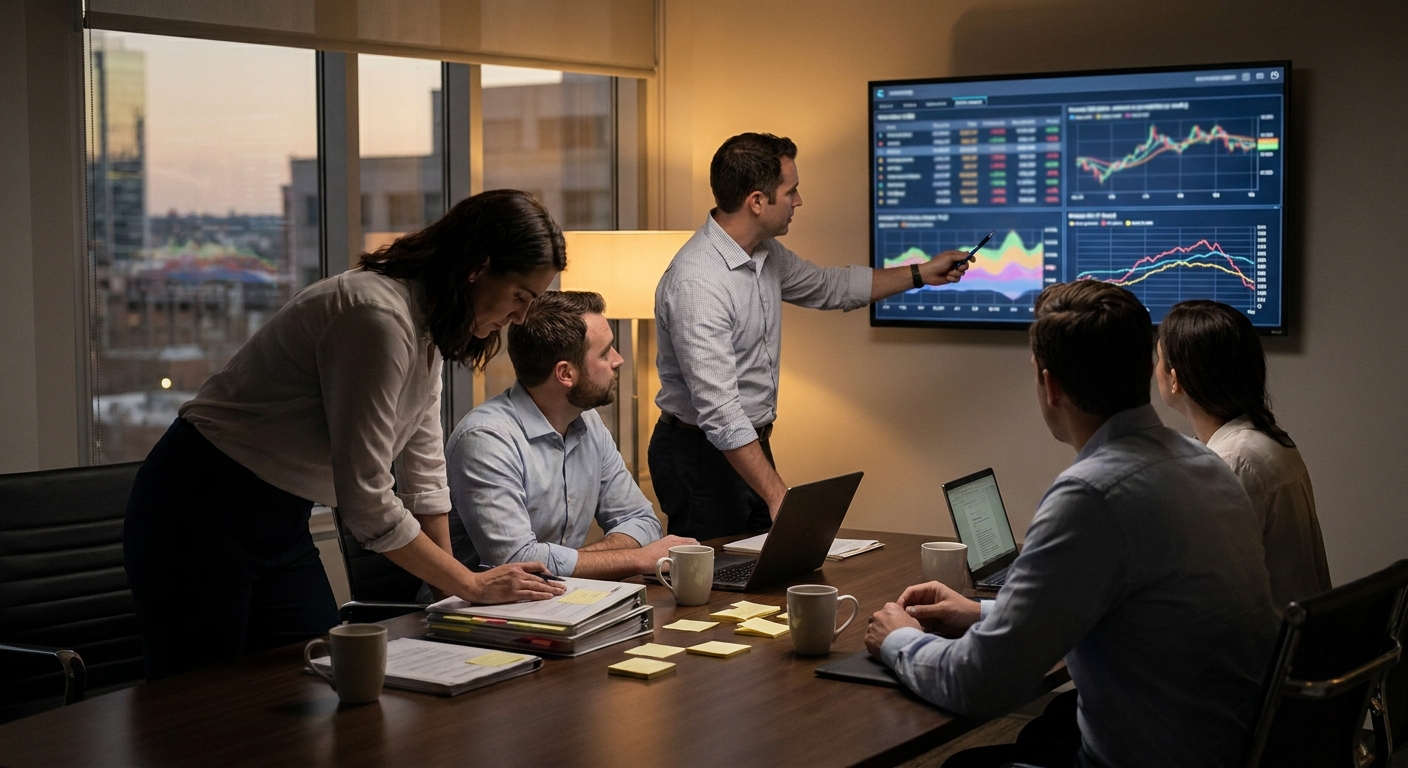 Leadership team reviewing a cash flow stress test on a large monitor during a strategy session