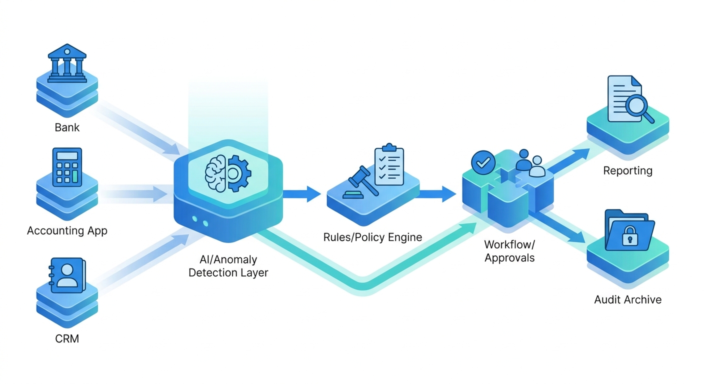 Isometric illustration of an AI-powered RiskOps pipeline from data sources to analytics and audit