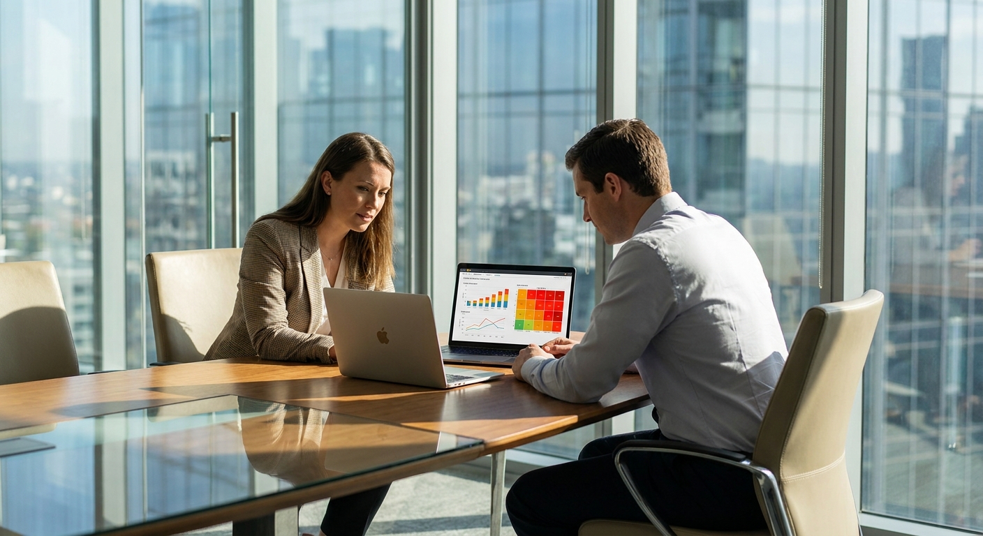 Operations manager and small business owner reviewing a financial risk dashboard on a laptop in a modern conference room