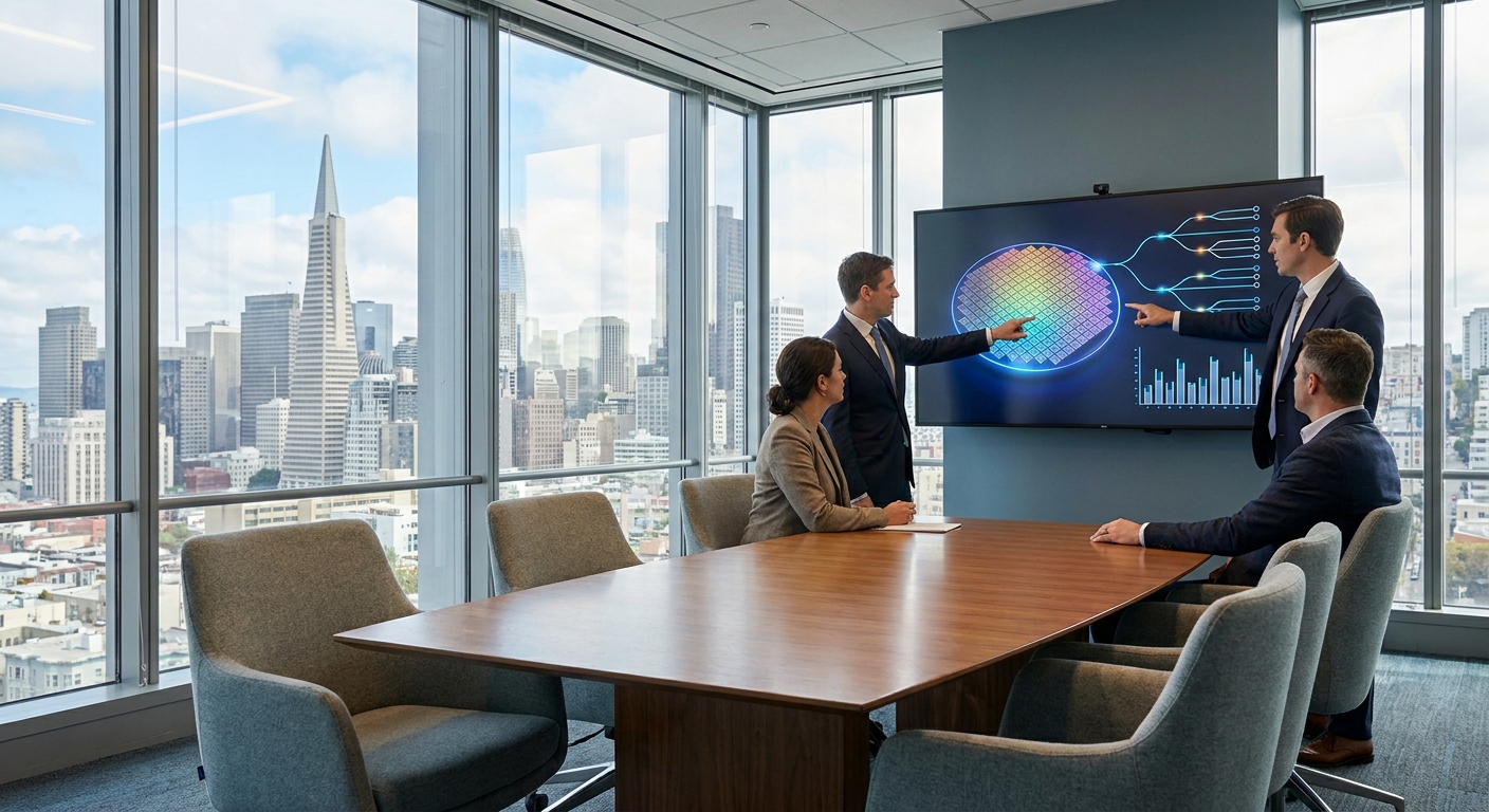 Boutique law firm leadership reviews an AI hardware roadmap and procurement timeline on a large display in a modern conference room