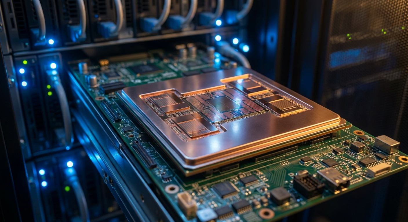 Editorial close-up of a wafer-scale AI chip on a server board inside a modern data center rack