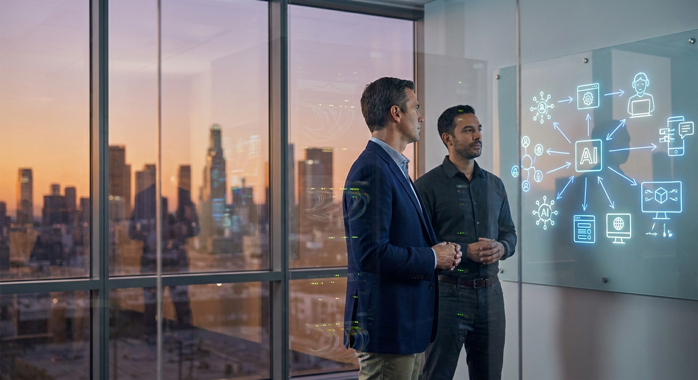Managing partner and operations manager mapping an AI adoption roadmap on a glass whiteboard overlooking a city skyline