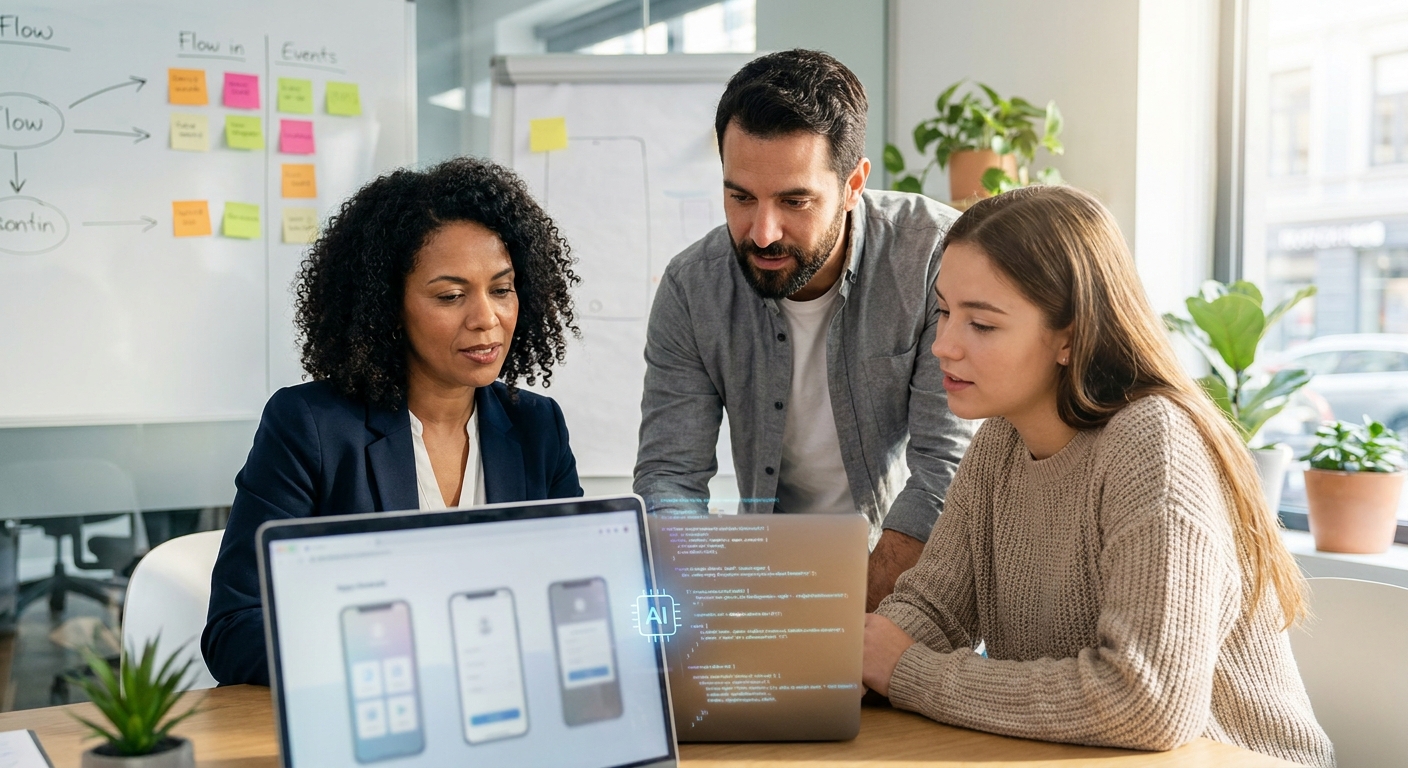 Small business owner, operations manager, and developer collaborating on AI-driven app development in a modern office