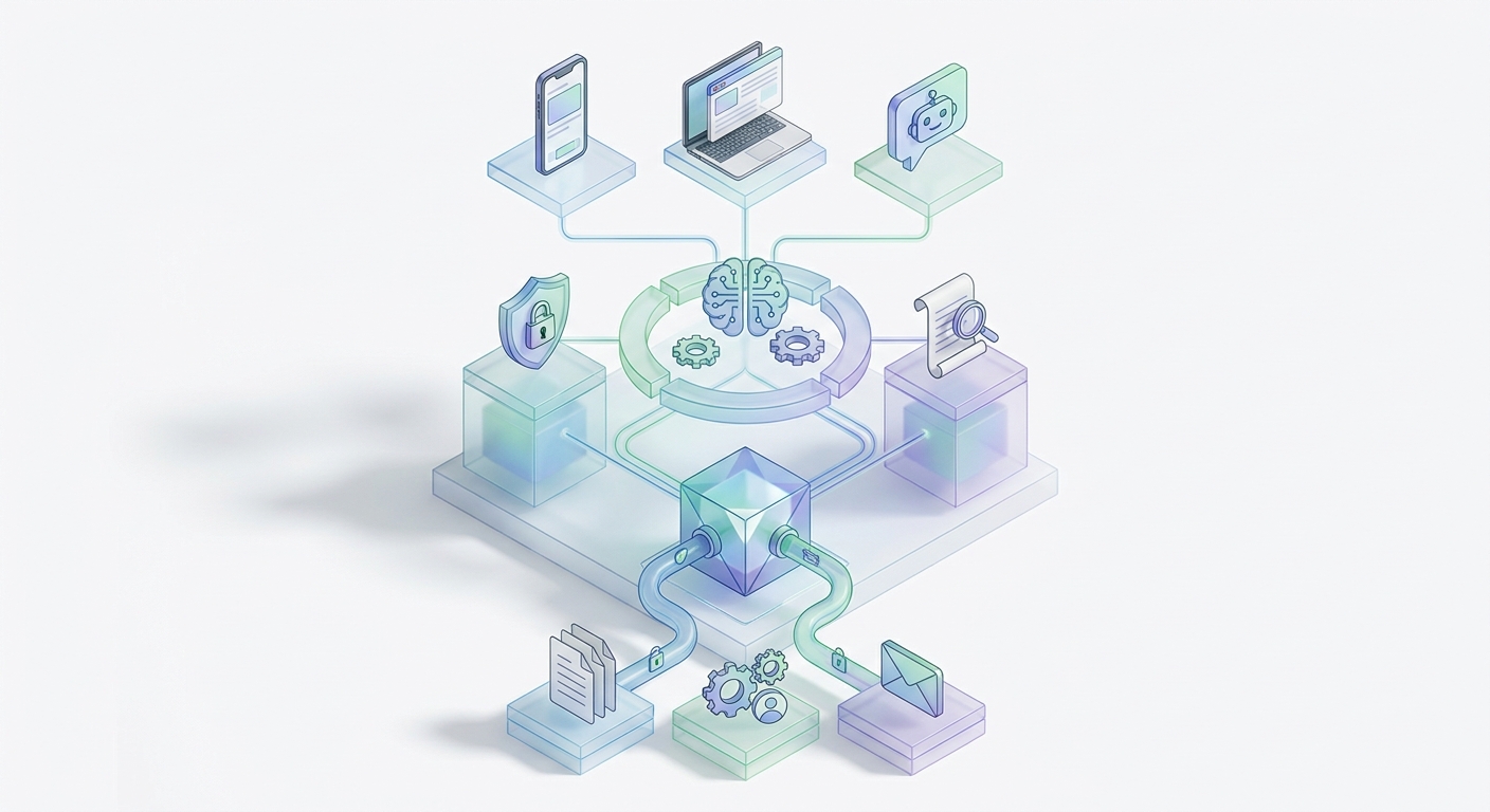 Isometric illustration of small business AI app architecture including data sources, vector database, orchestration, guardrails, and front-end apps