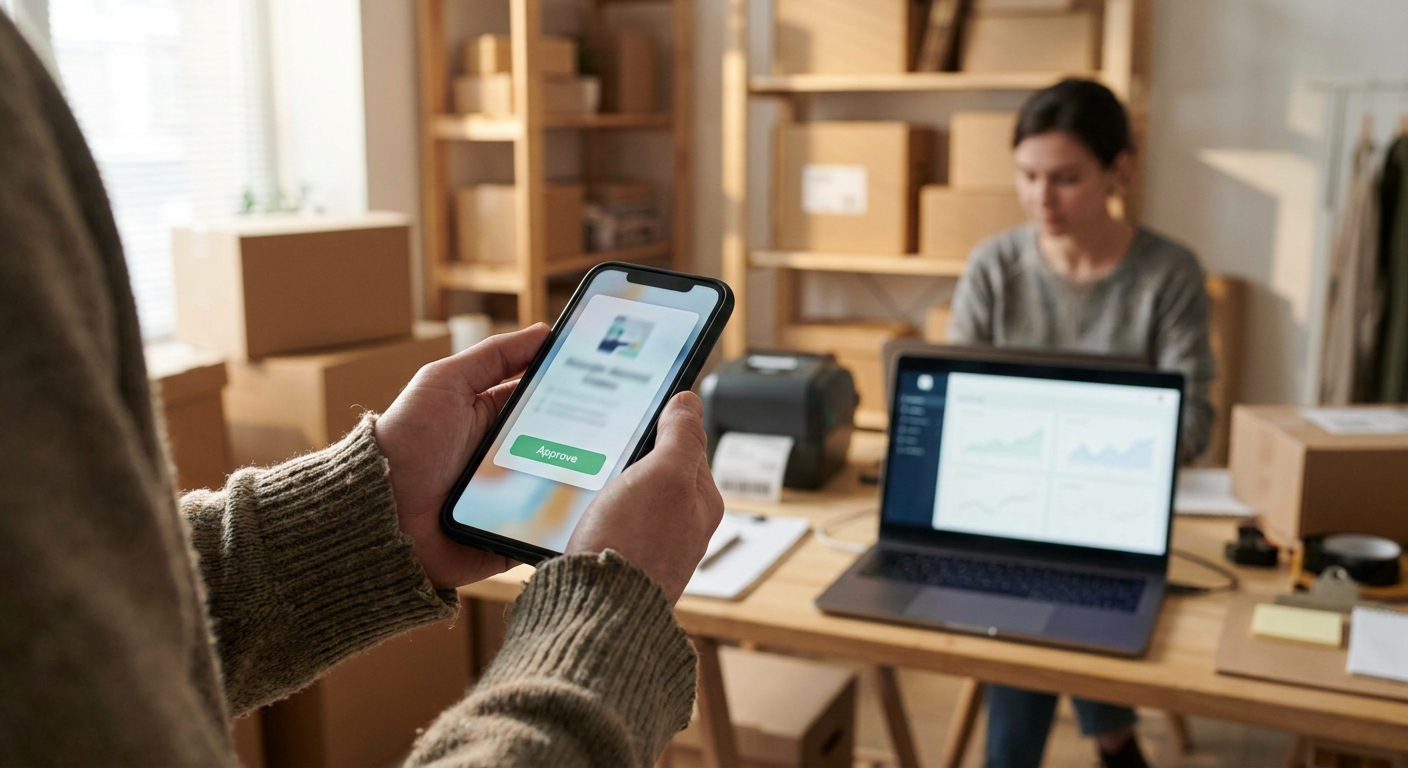 Small business owner approving an automated AI workflow from a smartphone with a dashboard in the background