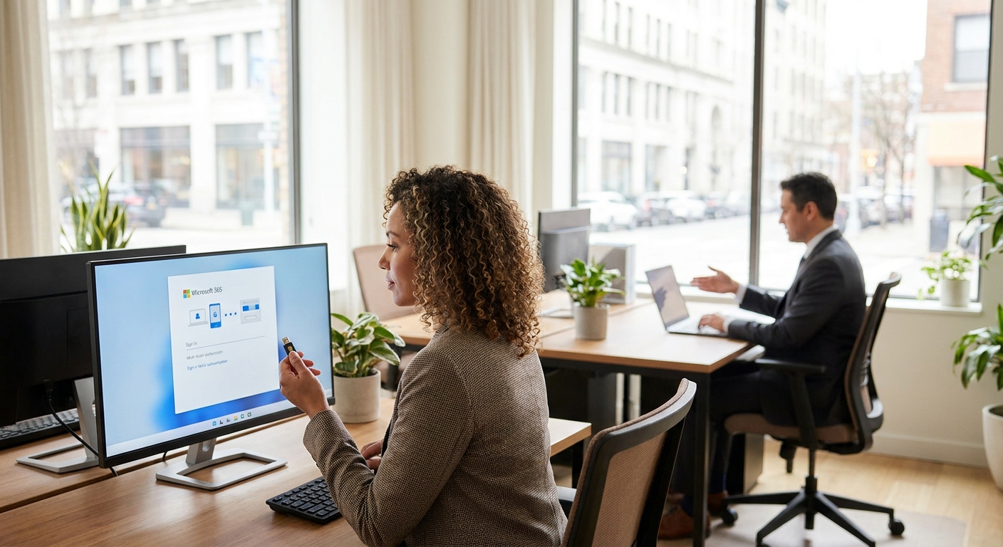 Operations manager using a USB security key for phishing-resistant MFA in Microsoft 365 at a boutique law firm