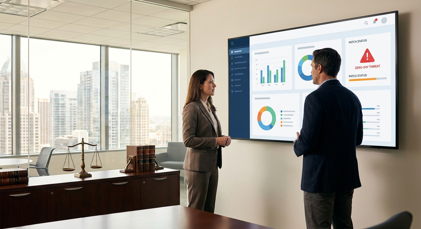 Small law firm partner reviewing Windows security dashboard with IT consultant to assess zero-day patch status