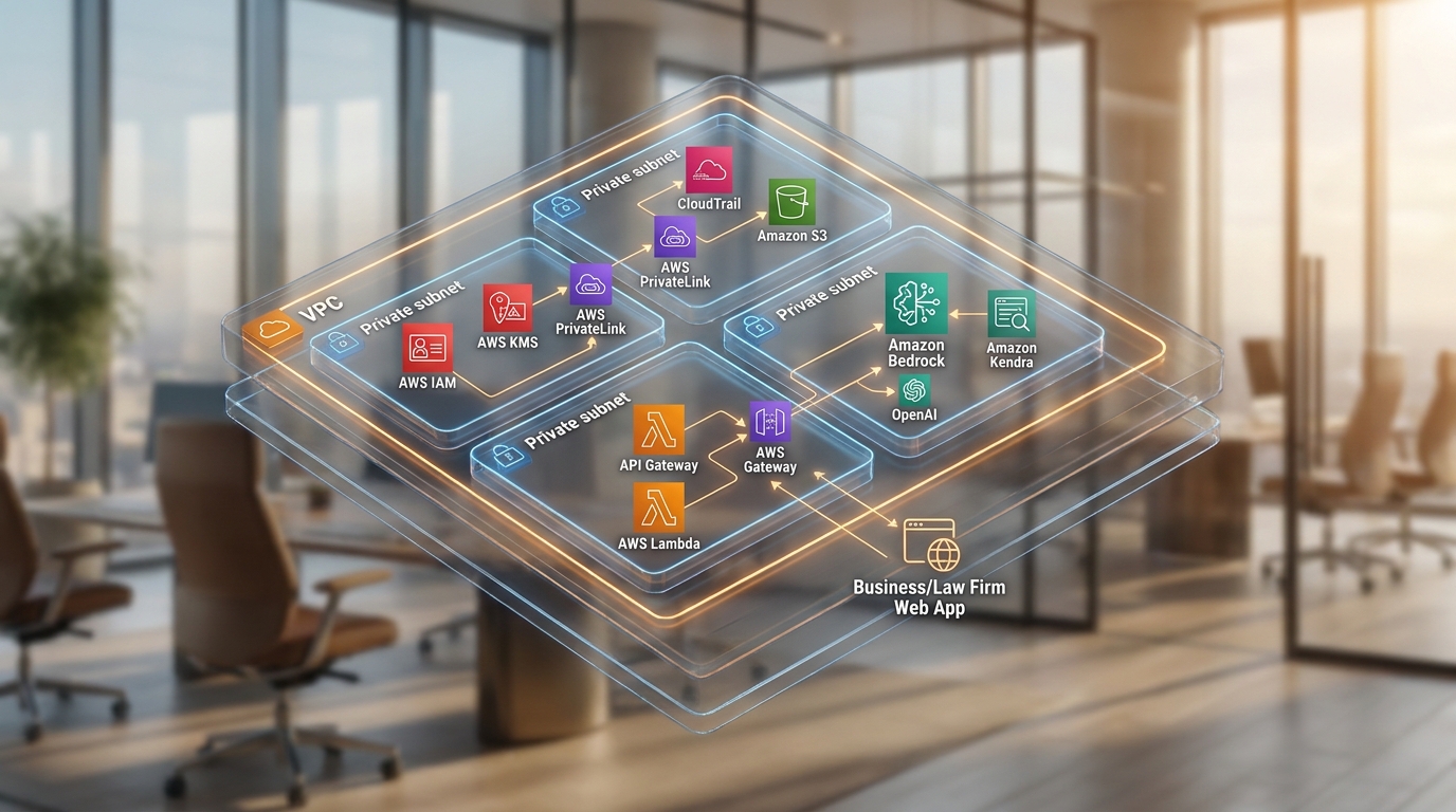 Isometric diagram of secure AWS architecture integrating Amazon Bedrock with OpenAI models including IAM, KMS, PrivateLink, CloudTrail, API Gateway, Lambda, S3 and Kendra