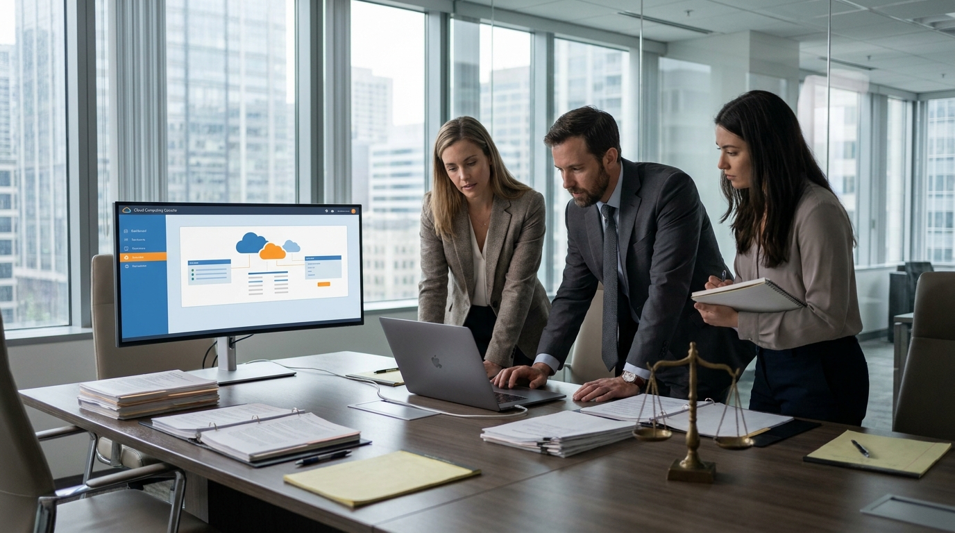 Boutique law firm team reviewing an AI‑generated brief on a laptop and ultrawide monitor showing a generic AWS console