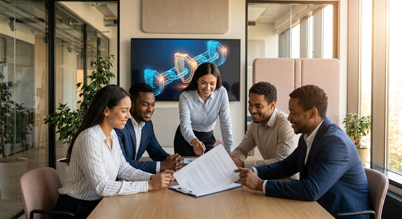 Small business team reviewing an AI content policy and provenance standards in a meeting