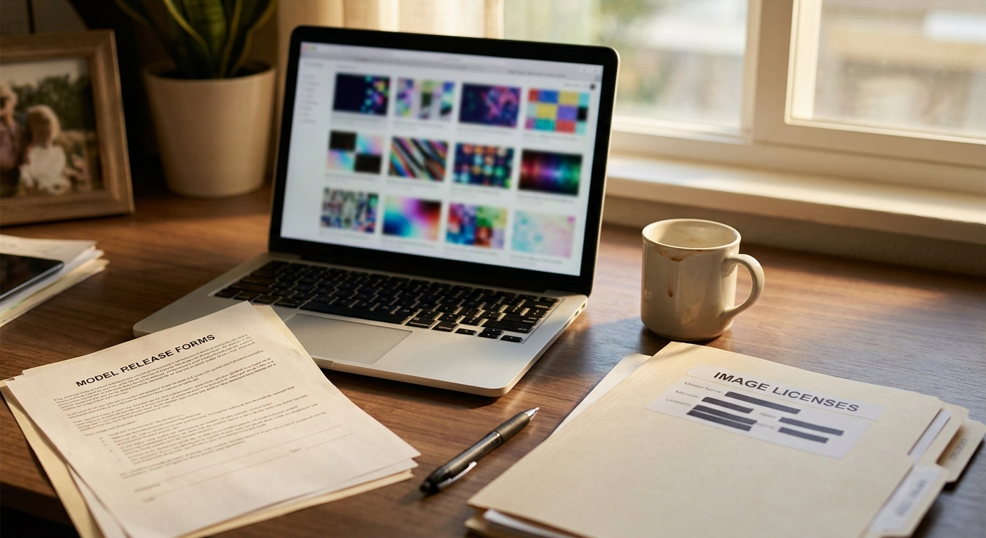 Marketing manager desk with AI image generator and model release forms demonstrating licensing workflow