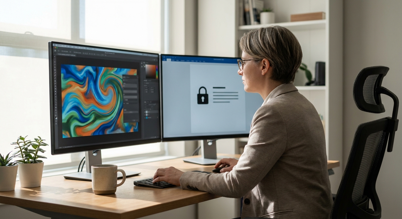 Small business owner reviewing AI-generated artwork and intellectual property compliance on dual monitors