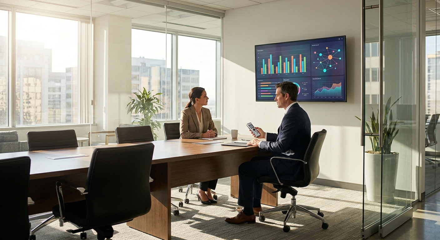 Operations manager and solo attorney reviewing a productivity dashboard after adopting a SpeakOn-style dictation workflow
