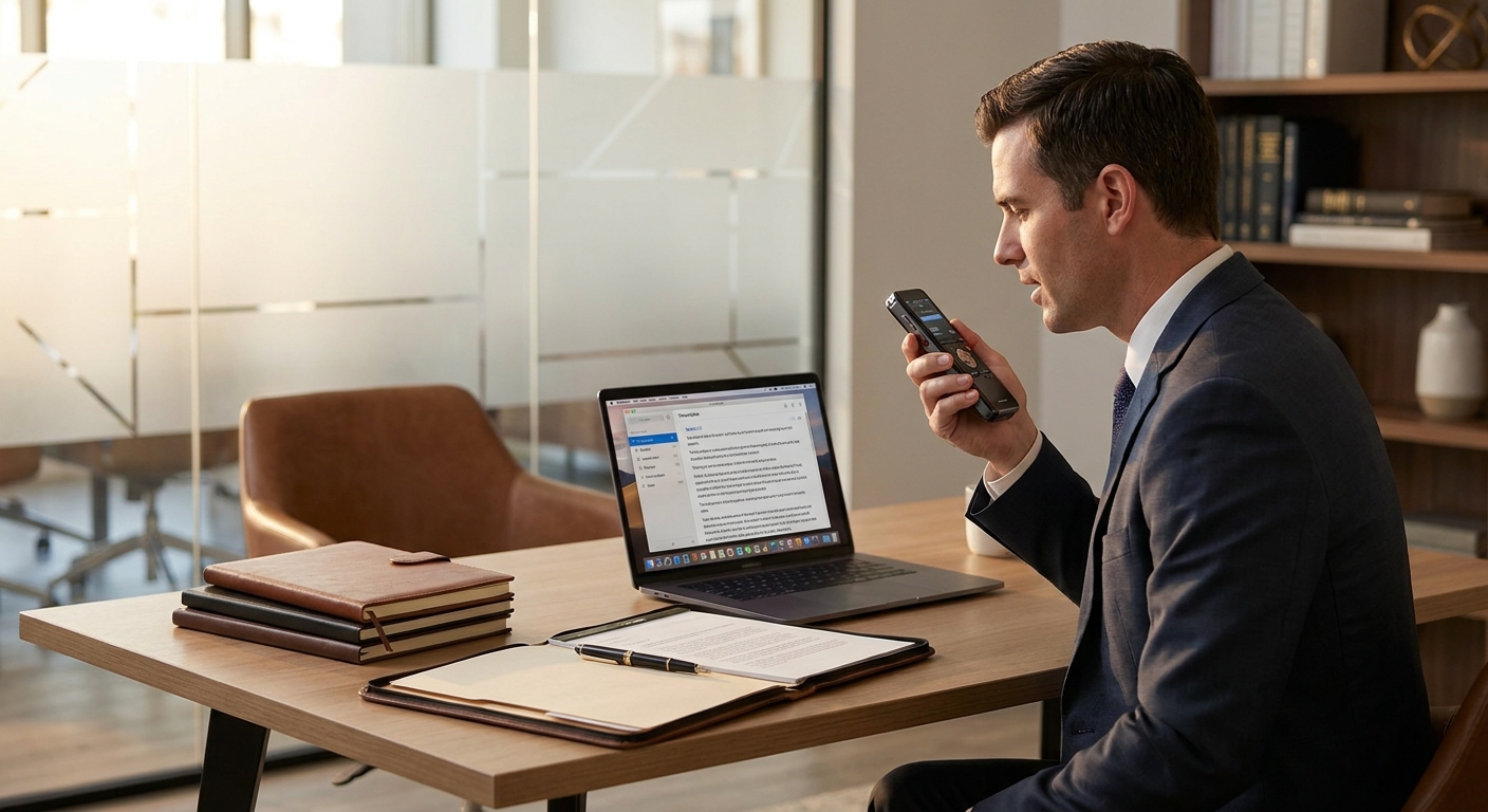 Solo attorney dictating case notes into a SpeakOn-style handheld device with real-time transcription in a boutique law office