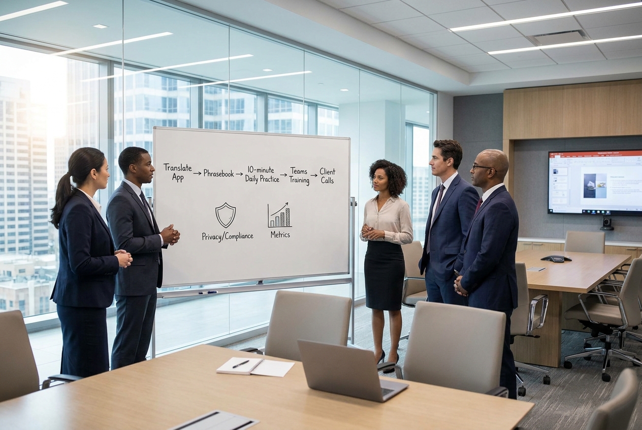 Law firm team training workflow for Google Translate pronunciation practice integrated with Microsoft Teams