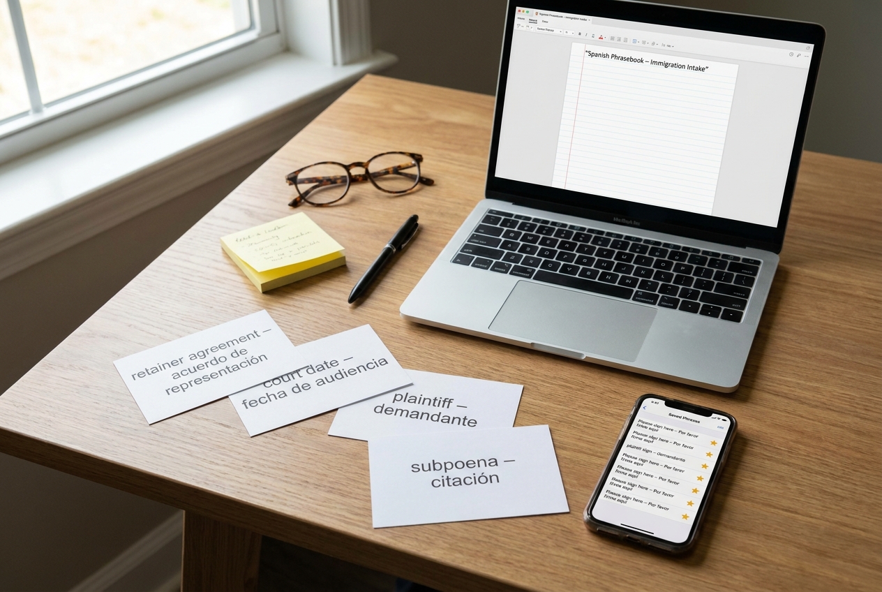 Flat-lay of bilingual legal phrasebook with saved phrases for client intake and court scheduling