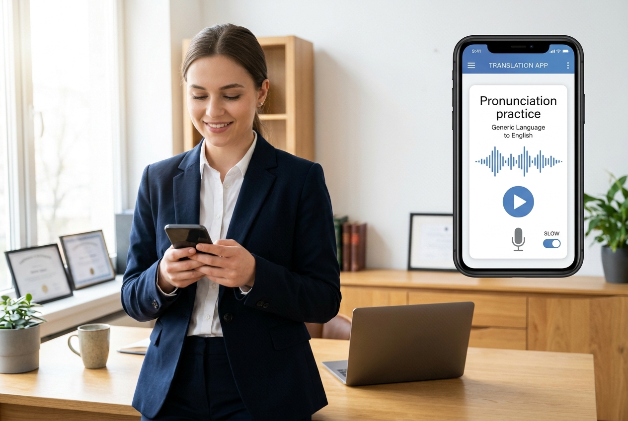 Attorney using Google Translate pronunciation practice on smartphone in a boutique law firm office