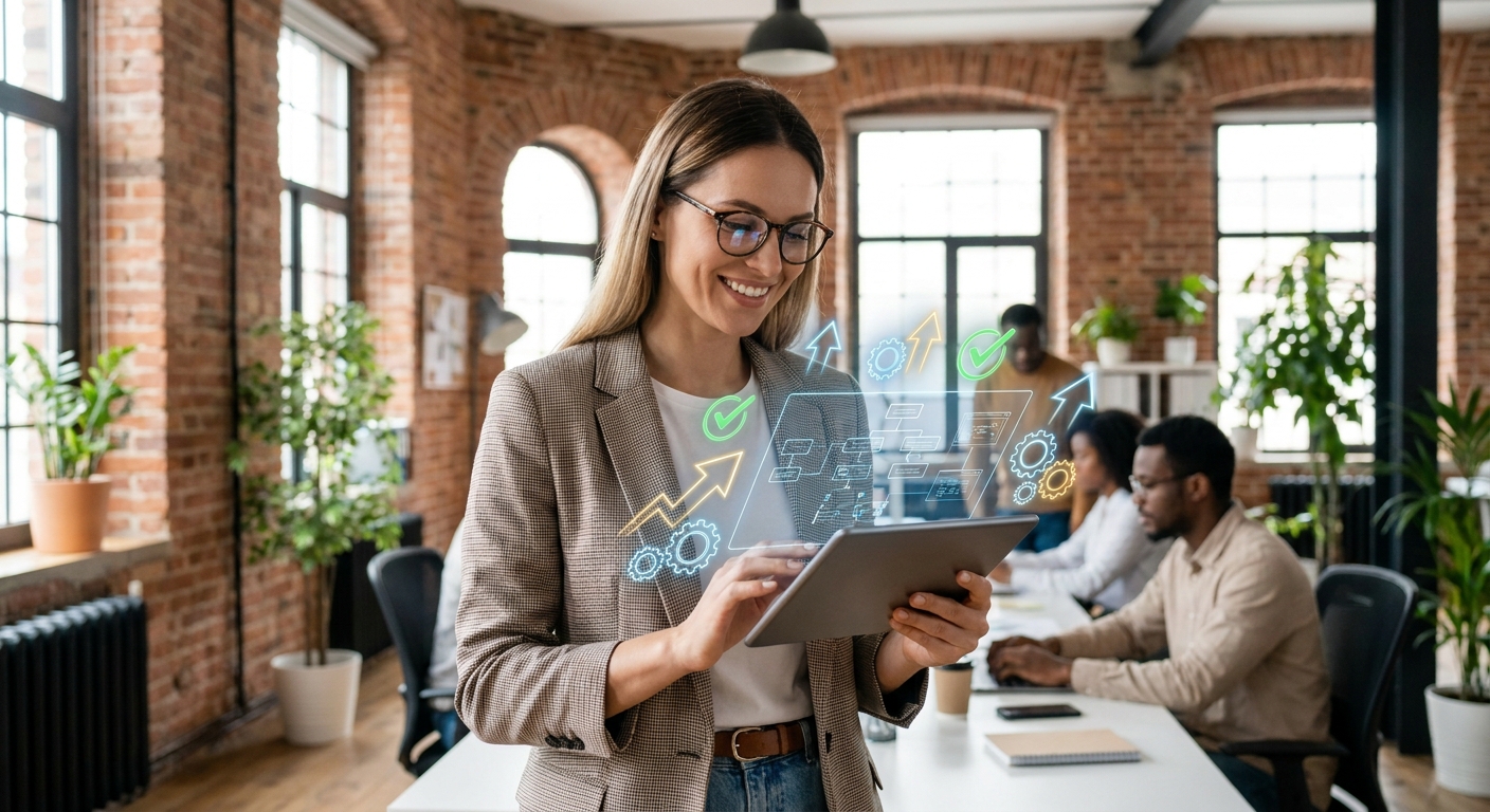 Entrepreneur reviewing a digital process automation flow in a bright modern office with subtle holographic workflow icons