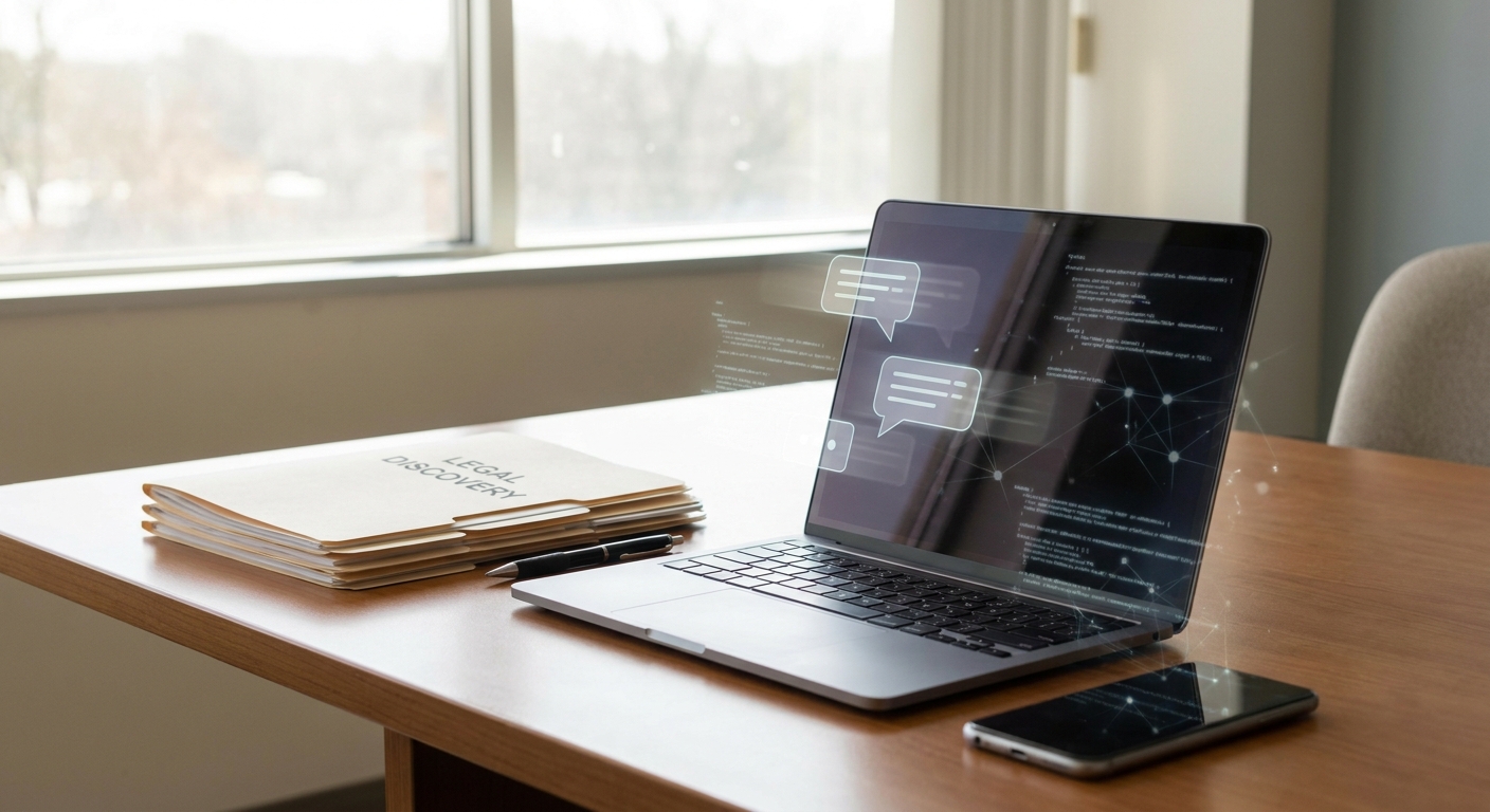 Laptop and smartphone with chat overlays next to organized legal discovery folders on a conference table