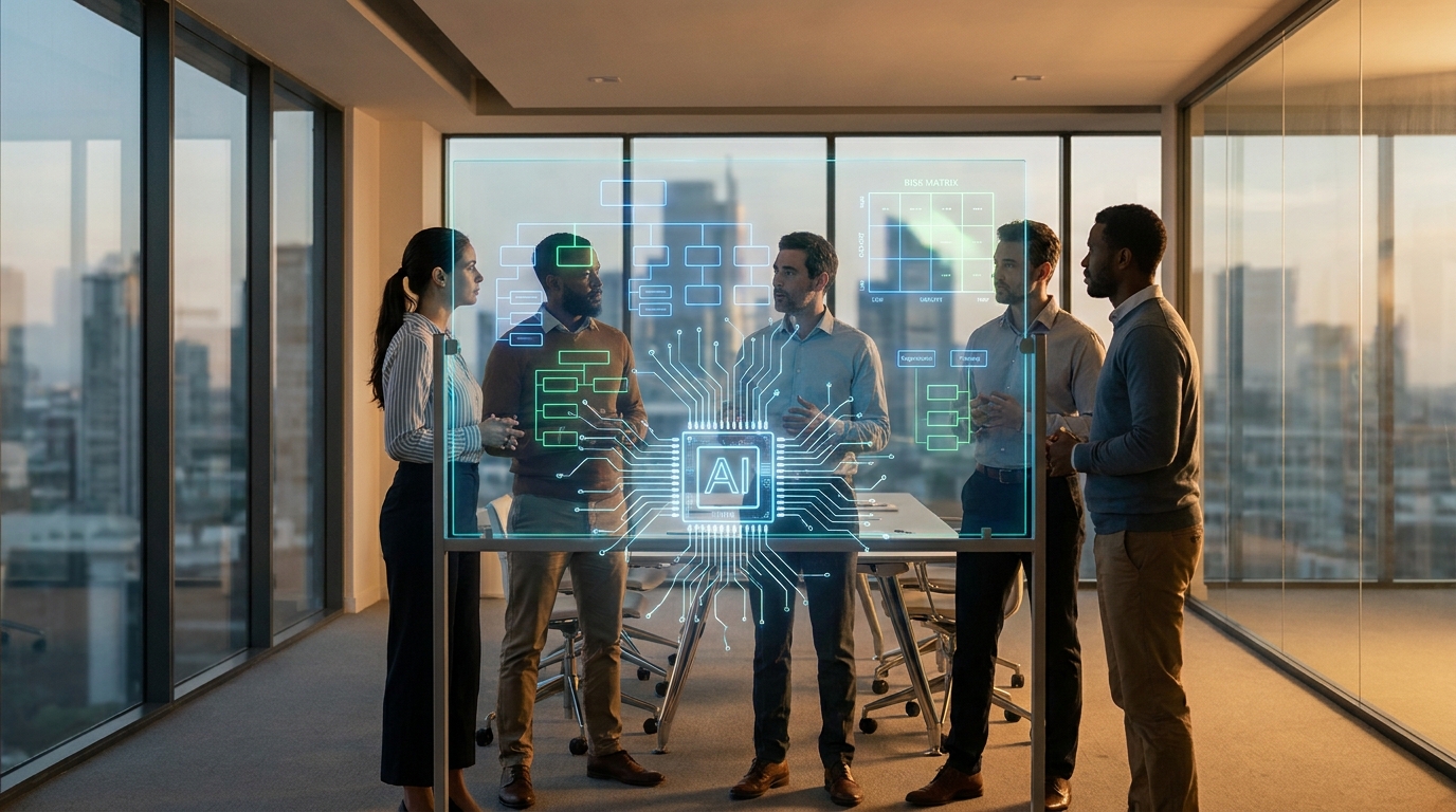 Startup leadership workshop on governance with holographic AI motifs over a glass whiteboard