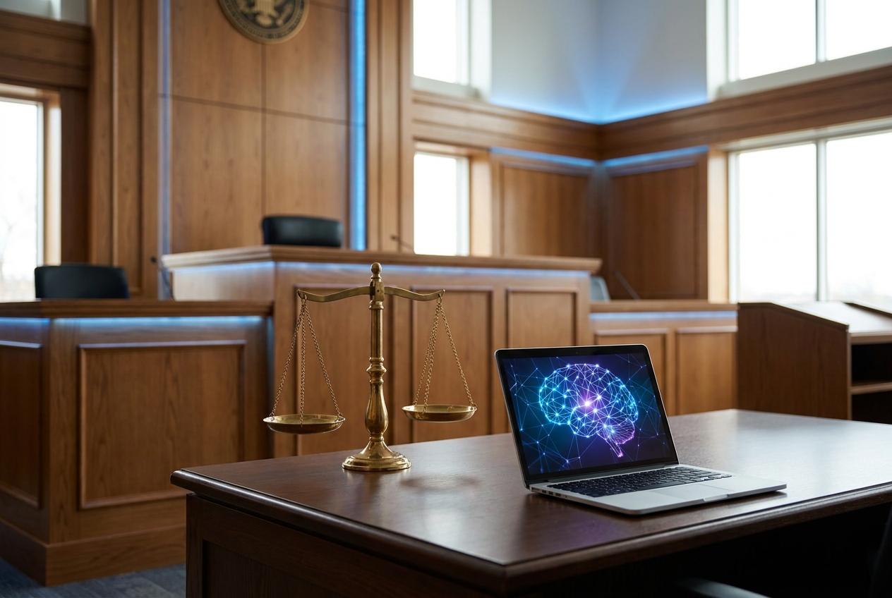AI lawsuit courtroom scene with justice scales beside a laptop showing a neural network visualization