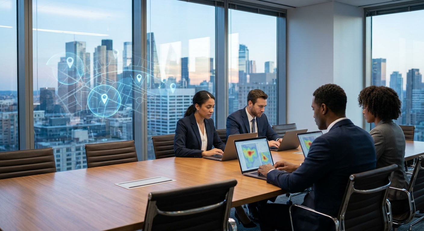 Law firm team strategizing around geofence warrants with digital map overlays and location circles in a modern conference room