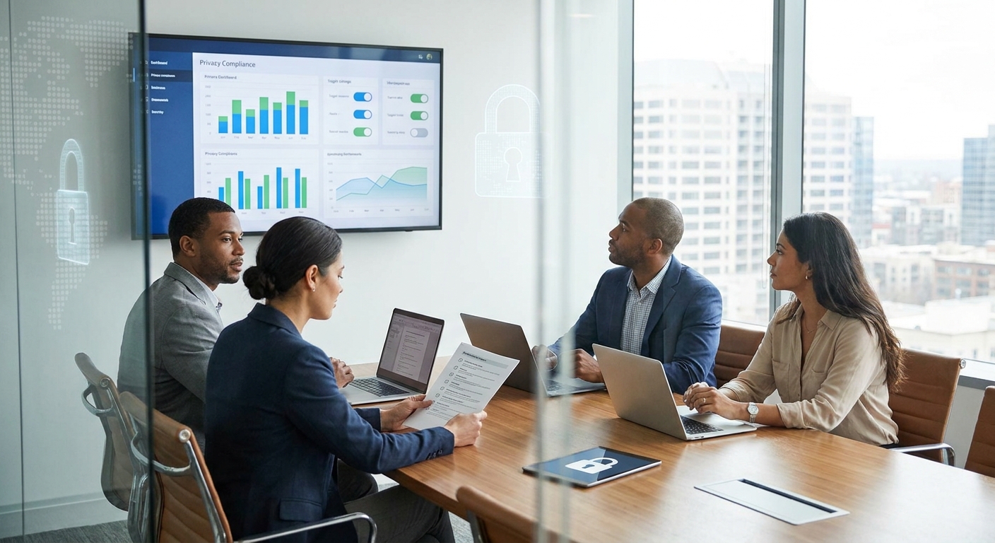 Law firm operations and IT leaders reviewing a privacy compliance dashboard with lock and map symbols in a modern office