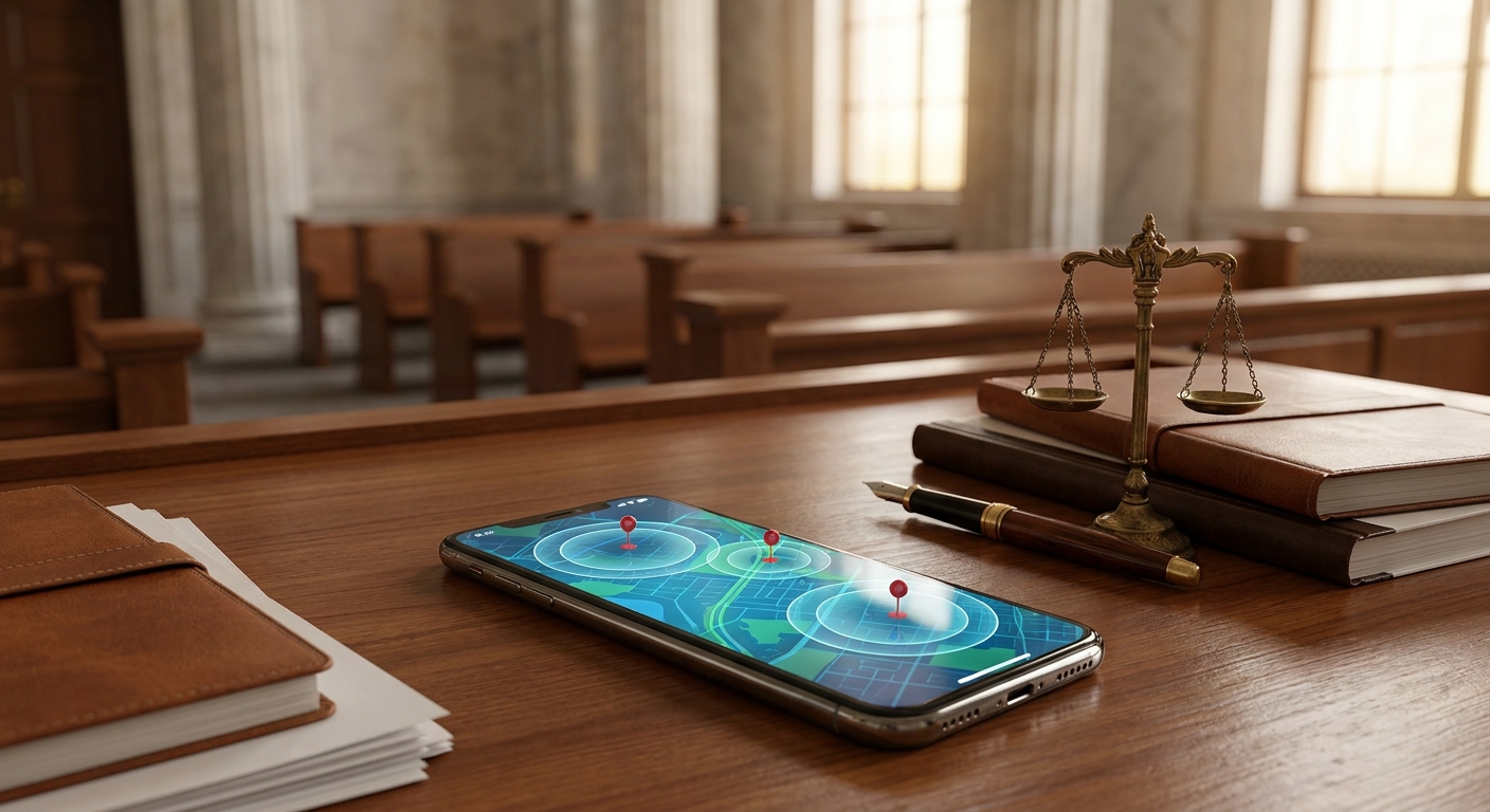 Supreme Court courtroom scene with smartphone map showing geofence circles on counsel table, symbolizing legal scrutiny of location-data warrants