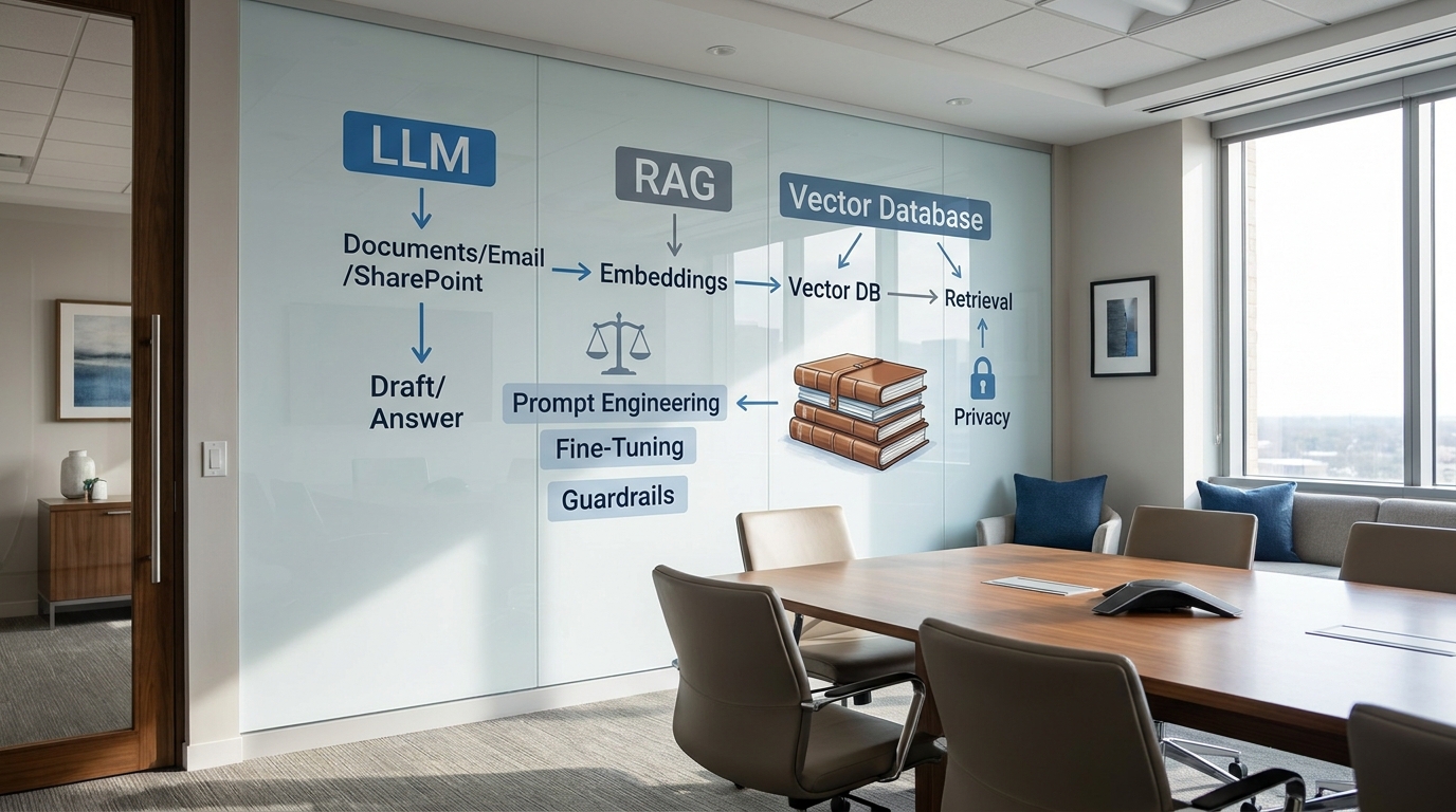 AI ecosystem map for law firm operations illustrating LLM, RAG, embeddings, vector database, guardrails