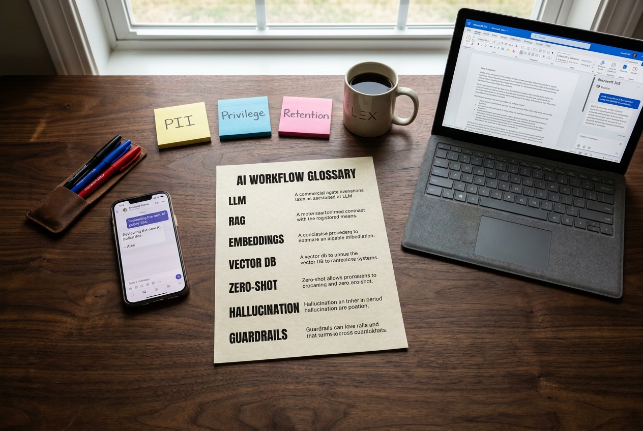 Legal professional AI glossary and Microsoft 365 Copilot workflow checklist on desk