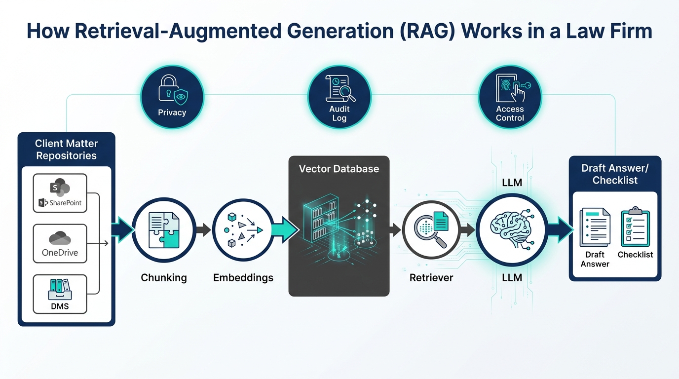 Infographic showing how Retrieval-Augmented Generation works in a law firm