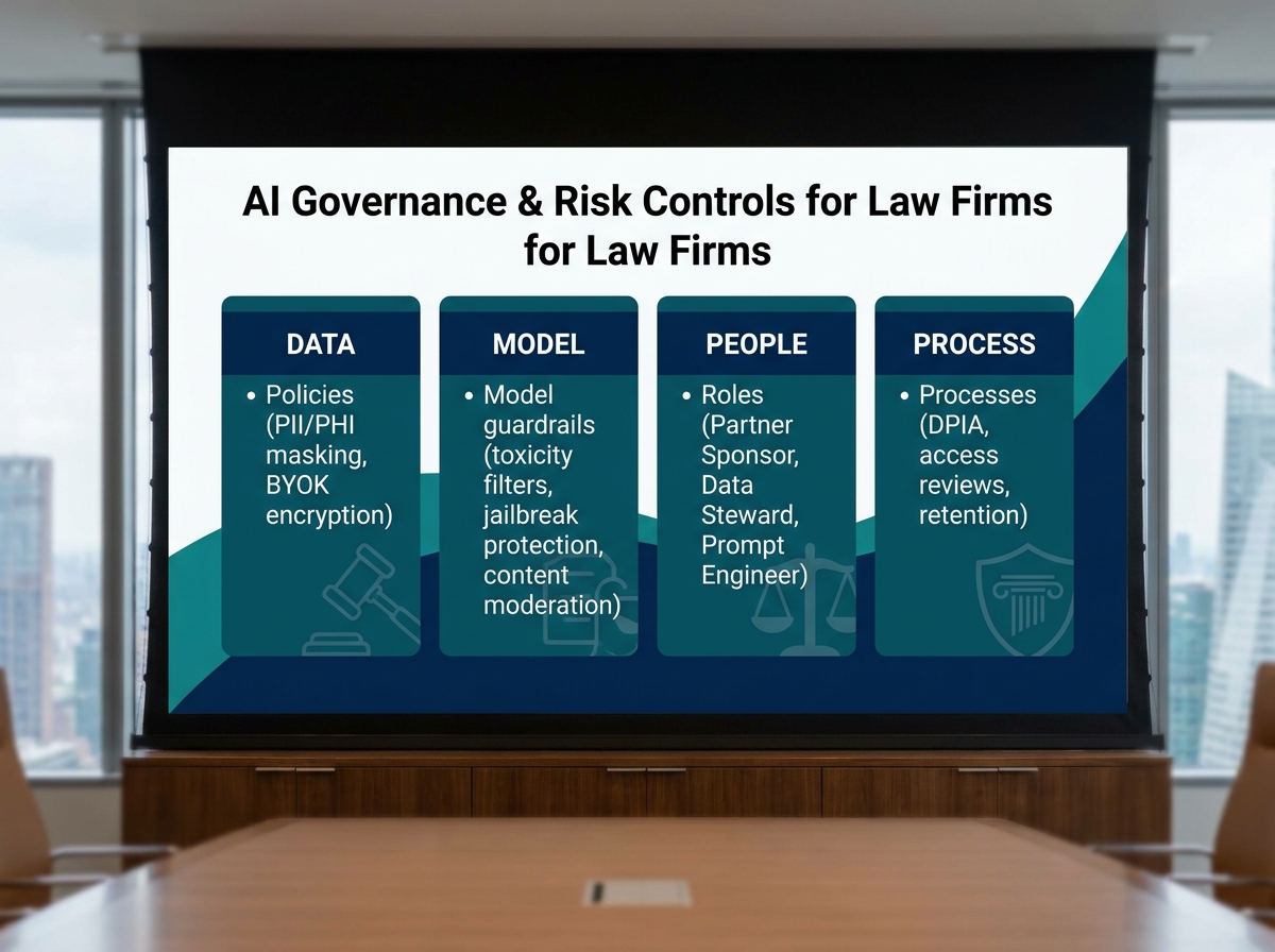 Diagram of AI governance and risk controls for law firms across data, model, people, process