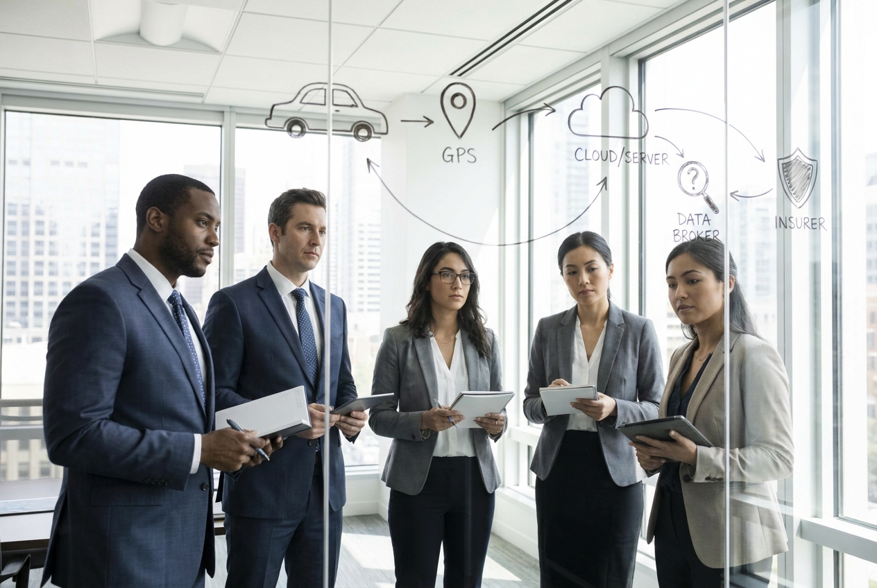 Law firm team reviewing connected-vehicle data flows and privacy risk controls on a glass wall—editorial image supporting GM’s $12.75M California driver privacy settlement analysis