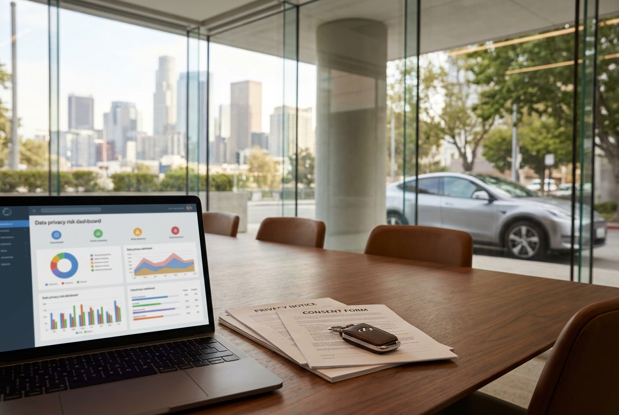 Boutique law firm conference room with laptop privacy risk dashboard, consent forms, and an EV in the background—illustrating data governance and telematics oversight