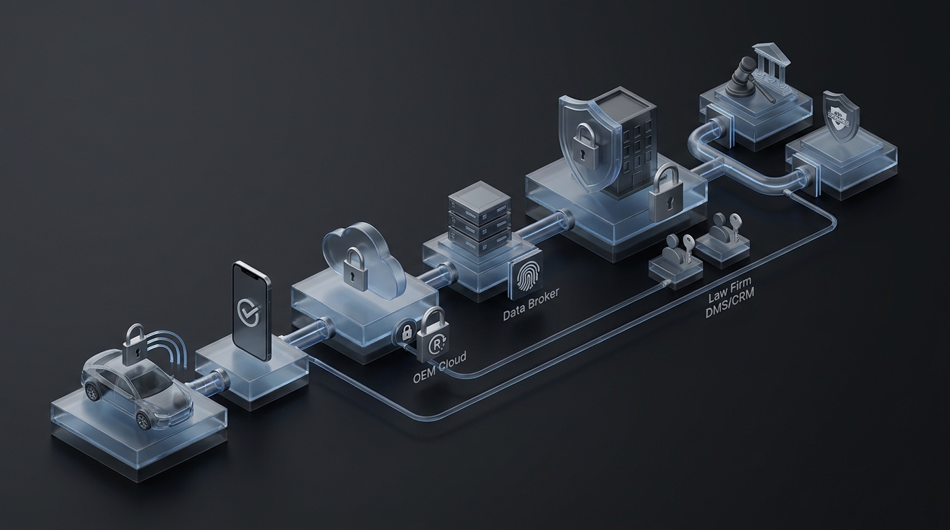 Secure data architecture illustration showing connected vehicle, OEM cloud, data broker, and law firm systems with encryption, consent, and retention controls