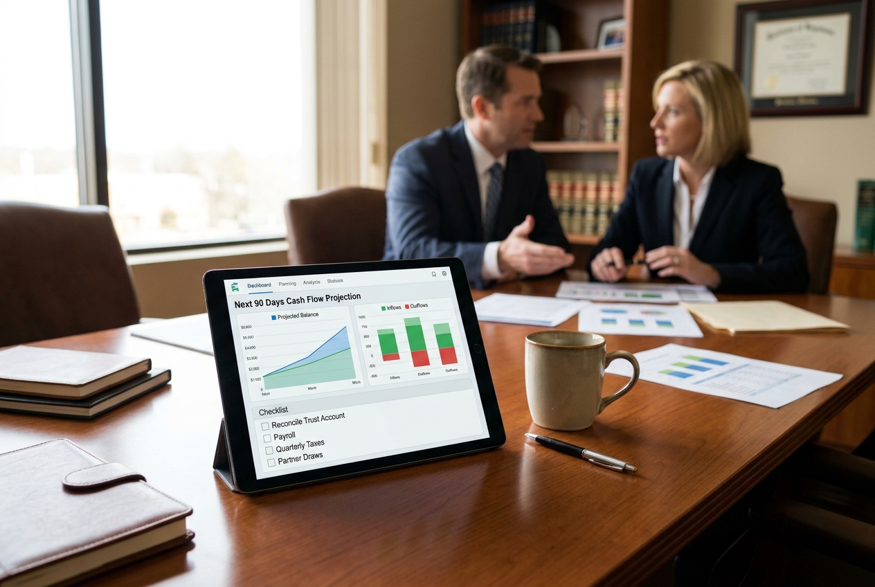 Tablet with 90-day cash flow projection and law firm finance checklist for reconciliation, payroll, and taxes