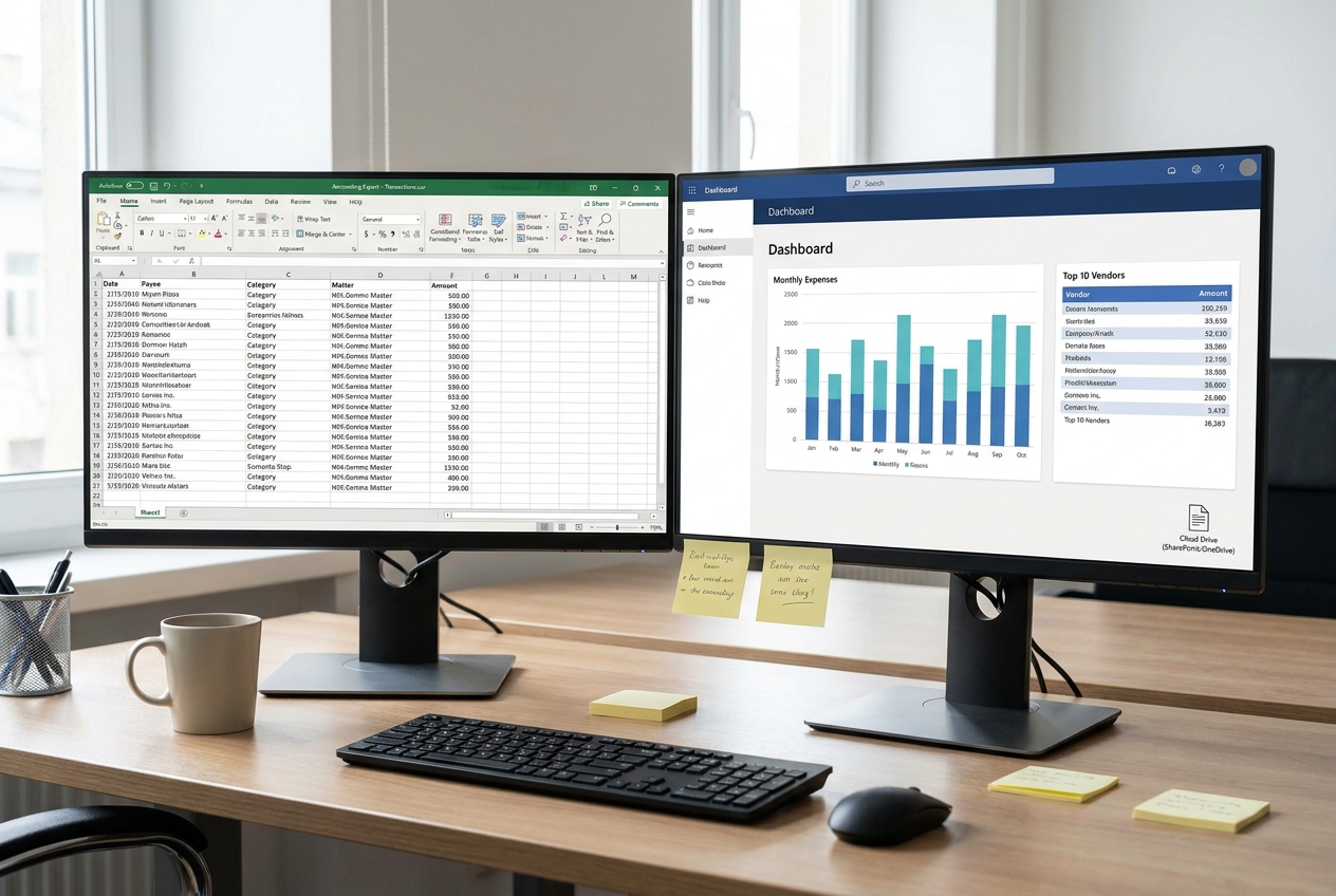 Dual monitor view: Excel transactions export and AI analysis of top vendors for a small law firm